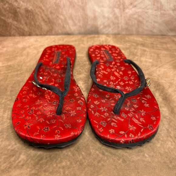 Vintage Y2K First Kiss Floral Butterfly Charm Flip Flop Sandals Red Rhinestone - Picture 3 of 8